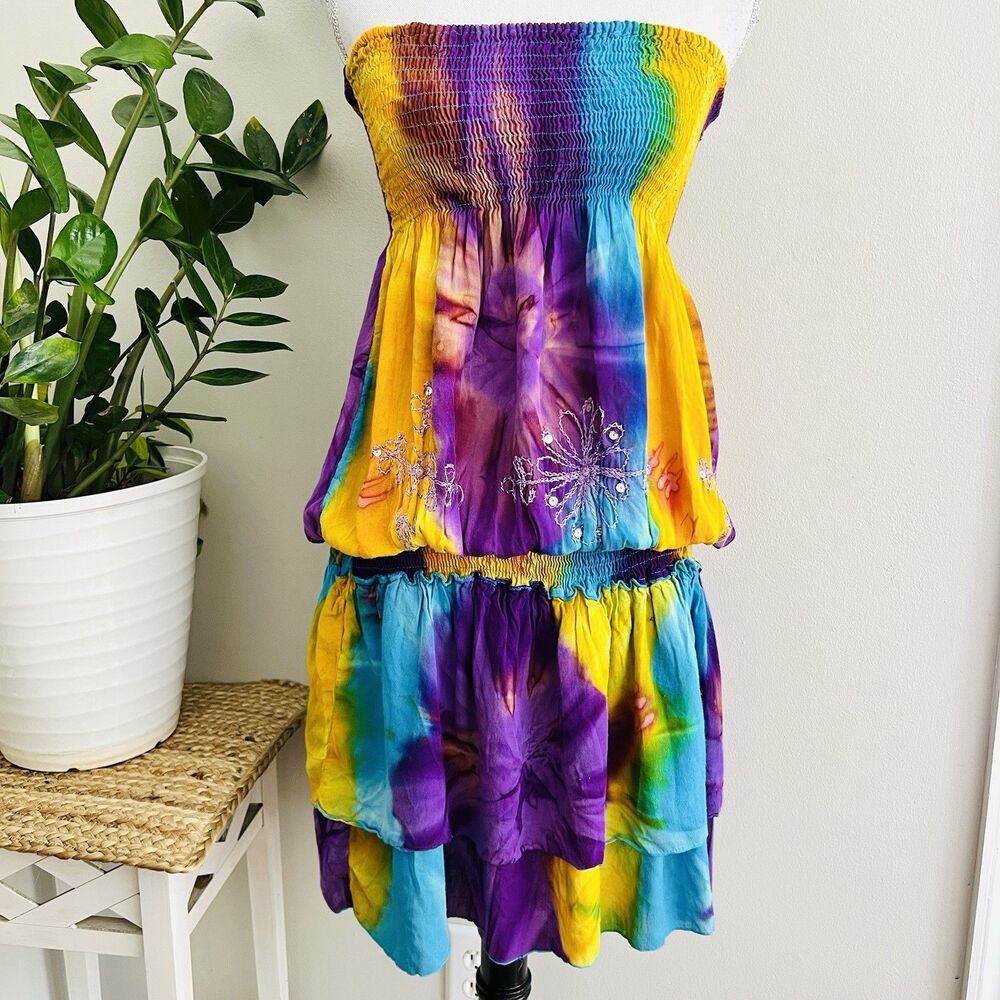 Strapless Tie-Dye Midi Dress in Purple, Yellow & Teal. OS. EUC.